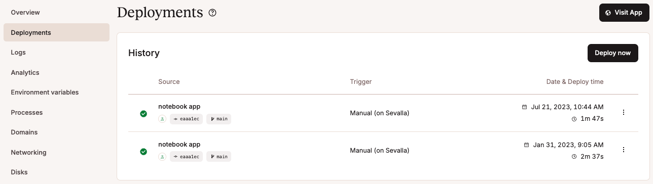 View your application's deployments and history in Sevalla.